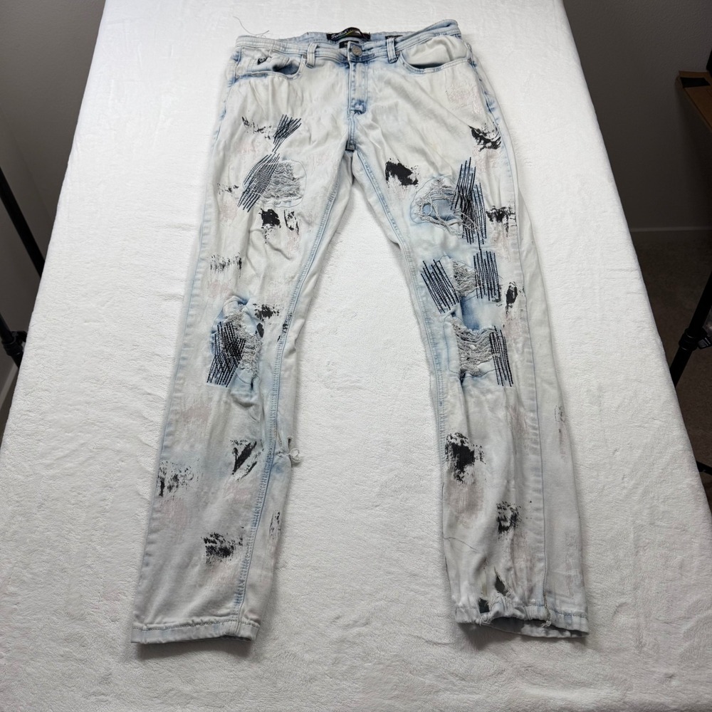 Switch Remarkable Slim Taper Jeans‎ Mens 34x32 Light Wash Distressed Paint Splat